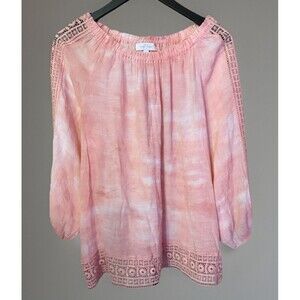 New Directions Pink Watercolor Peasant Blouse XL Boho, Beach, Tie Dye